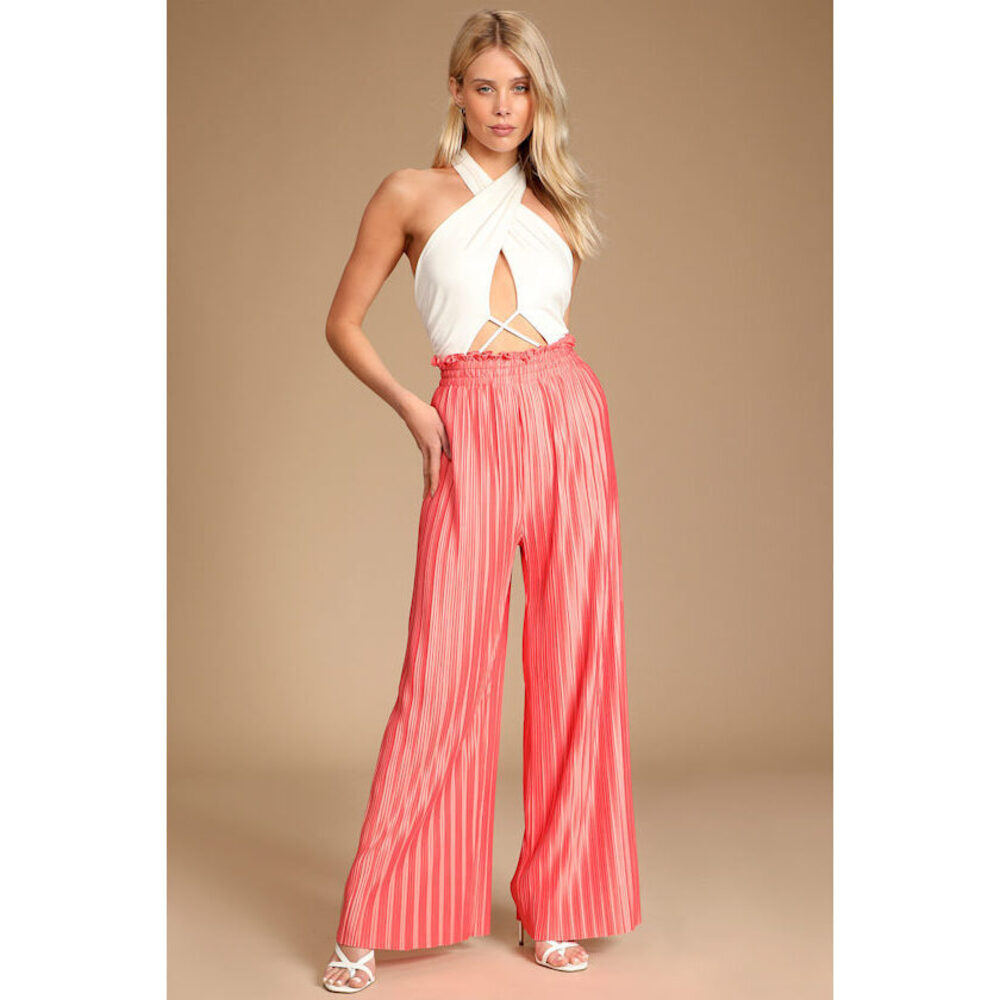 Lulus Coral Pink Pleated High-waist Wide-leg Pants